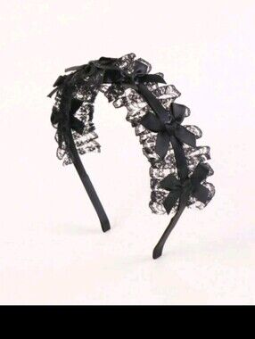 Black Lace Ruffle Headband with Satin Bows